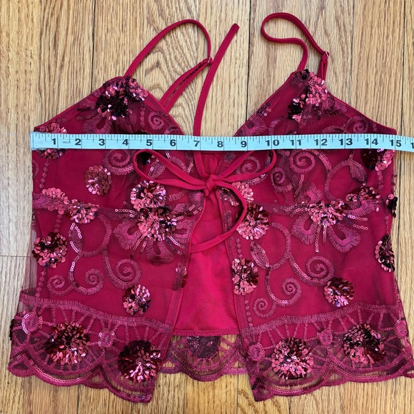 SHEIN Y2k Fairycore Cami Top Embroidery Mesh Babydoll Red Sequin Tie Front Small - Picture 12 of 14